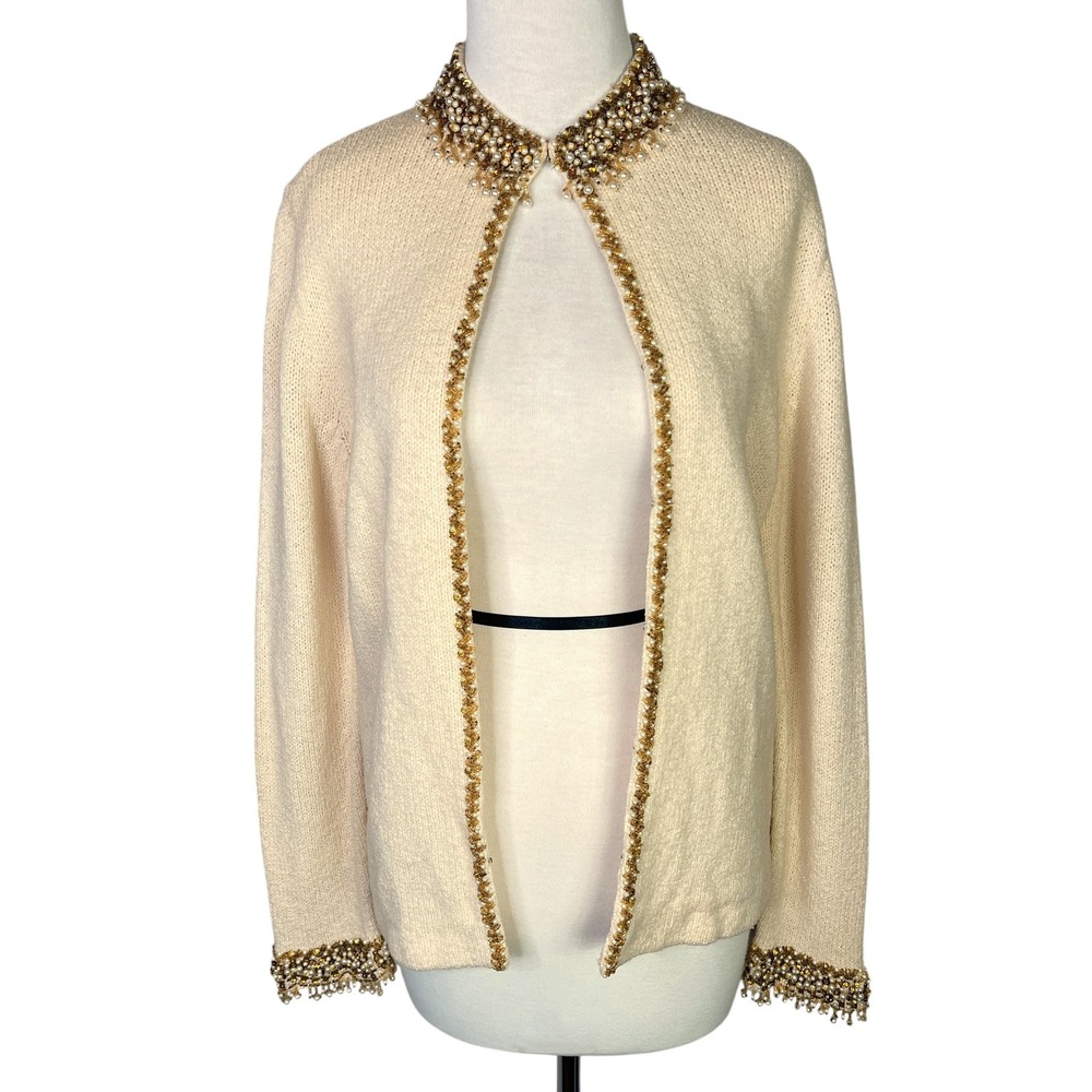 Vintage 60s Beaded Cardigan Cream Ivory Sweater Gold Pearl Embellished Knit Top